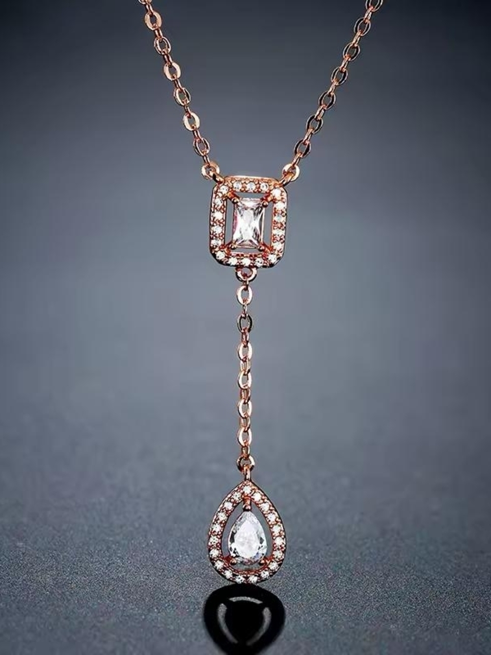 Rose Gold Lariat Necklace with Clear Teardrop and Baguette Stones - Picture 2 of 4